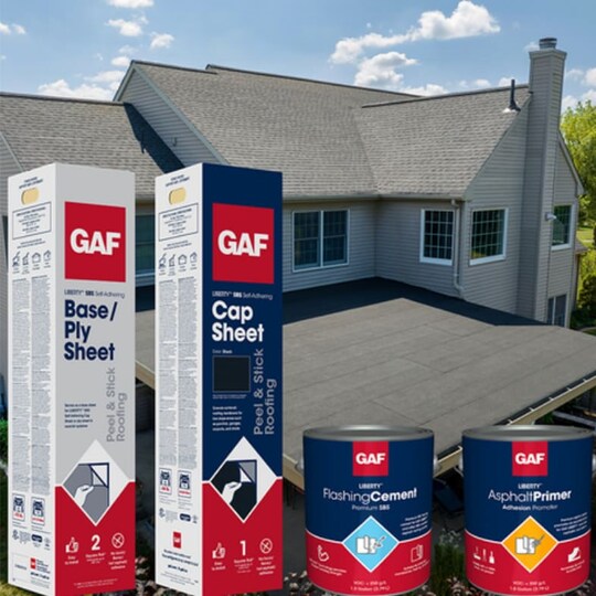 Membranes and coatings in the Liberty SBS Self-Adhering Roofing System by GAF.