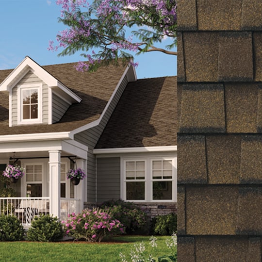 A house with brown roofing shingles by GAF beside a detailed close-up of the same shingles.