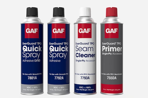 Product shot of four GAF roof maintenance and repair products products: 𠊎verGuard® TPO Quick Spray Adhesive - LV50, EverGuard® TPO Quick-Spray Adhesive, EverGuard® TPO Seam Cleaner and EverGuard® TPO Primer.