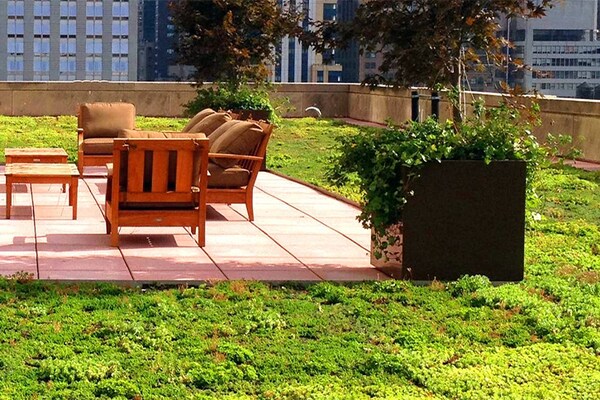 Patio with furniture on a green roof deck 