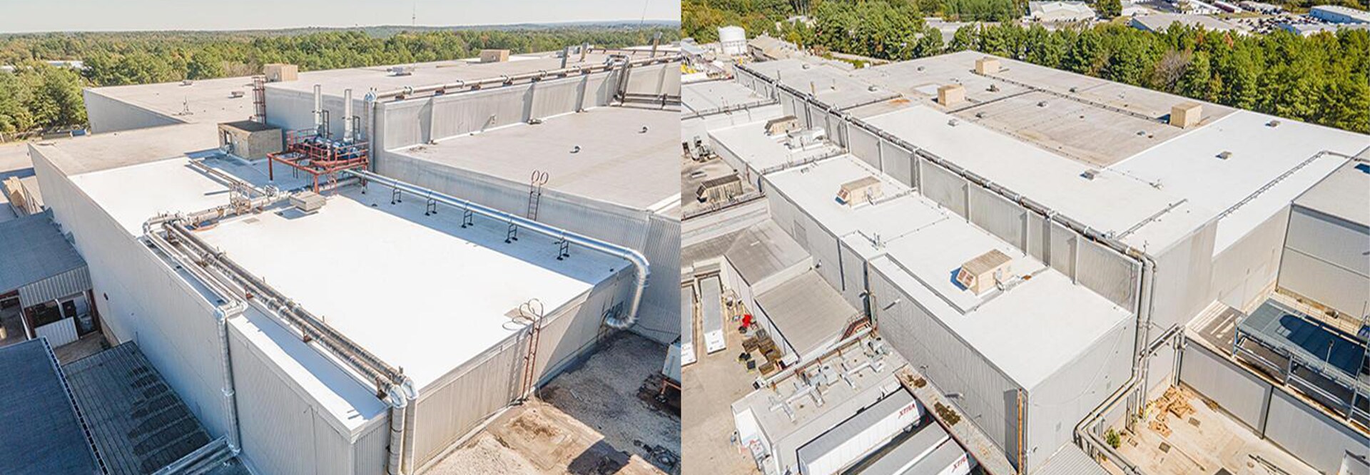 Aerial photos of Trane Technologies buildings in Tyler, TX with new GAF commercial roofing materials