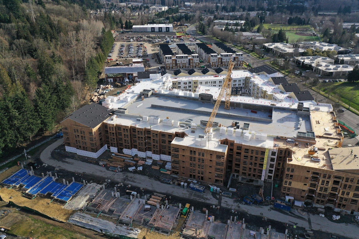 Aerial view of the Avalon Bothell Commons community building under construction