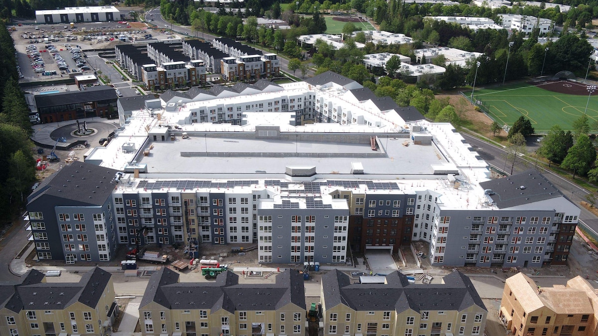 Aerial view of Avalon Bothell Commons community rooftops project nearly completed