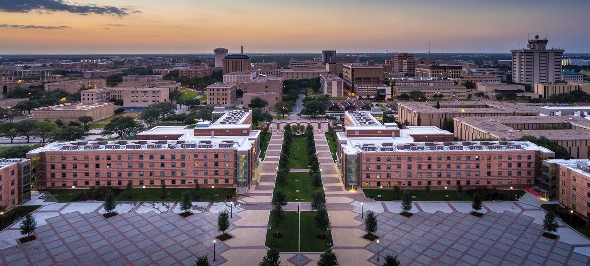 Front view of Texas A&M University dorm buildings and courtyards