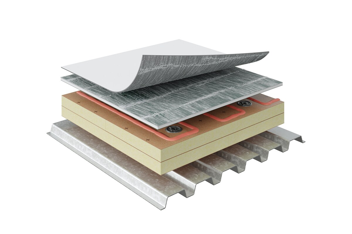 Layers of GAF commercial roofing materials used on Trane Technologies project