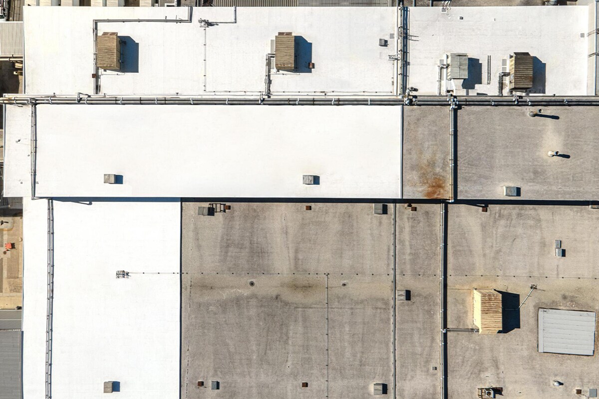 Aerial view of commercial building with new GAF roof