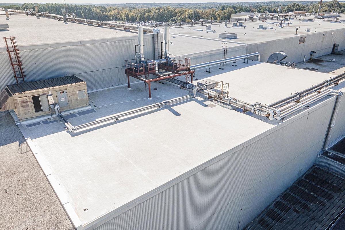 Two-level roofs of Trane Technologies buildings with GAF TPO roofing systems