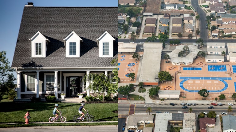 House with kids riding bikes on the sidewalk and overhead shot of commercial and residential buildings