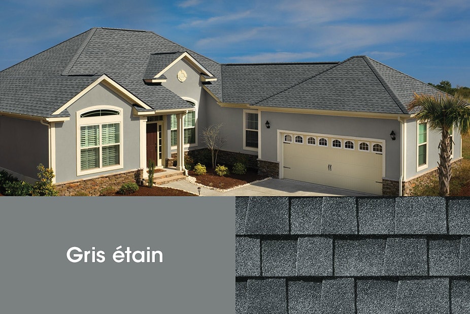 house with timberline hdz shingles and a close up of a timberline hdz shingle in pewter gray 