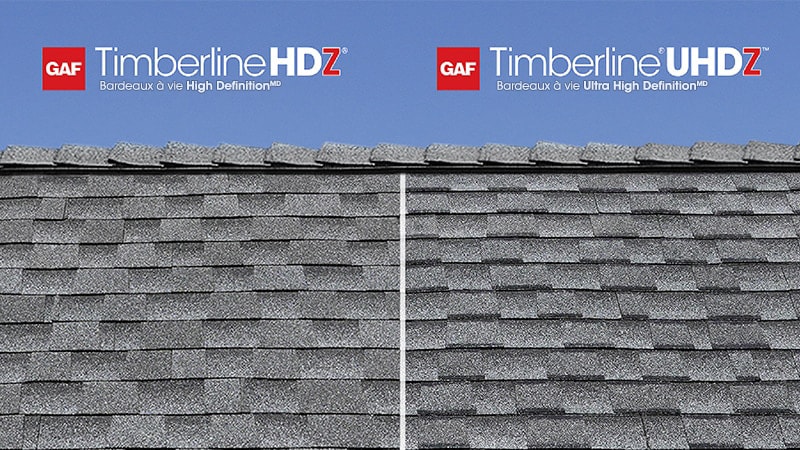 side by side comparison of timberline hdz and timberline uhdz shingle swatches on a house