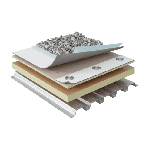 Commercial roofing material layers in PVC Ballasted Systems