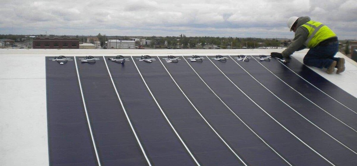 Aerial view of EverGuard Extreme TPO beneath a BIPV system at Kiowa County Commons