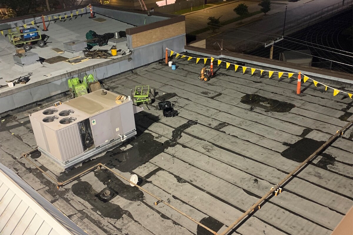 Aerial view of NorthEast Middle School roof ready for new roof