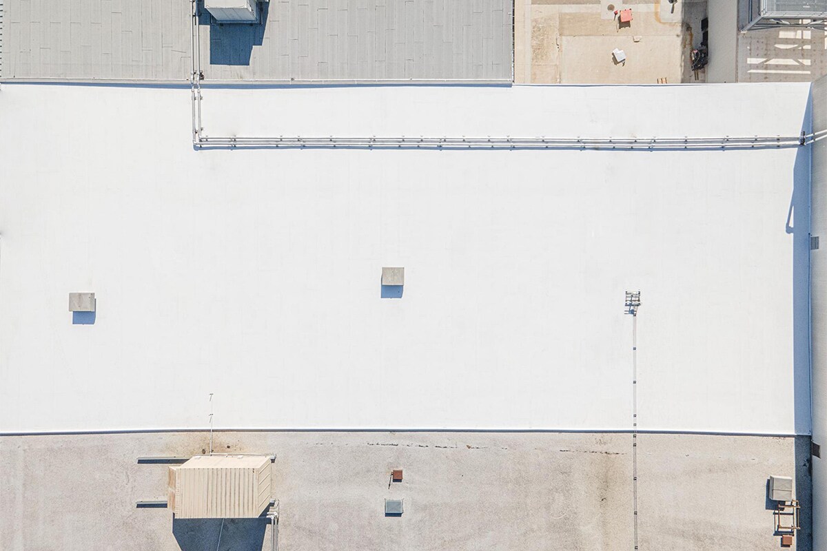 Close-up of new TPO roof on Trane Technologies building